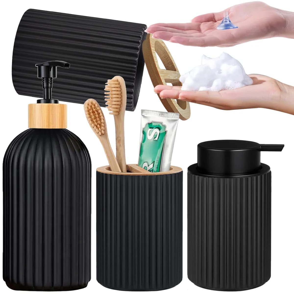 2 pz/set Bottiglia Dispenser di Sapone Schiuma A Mano con Spazzolino Porta Dentifricio Morden Stripe Design Dispenser A Mano Bomboo Pompa Li