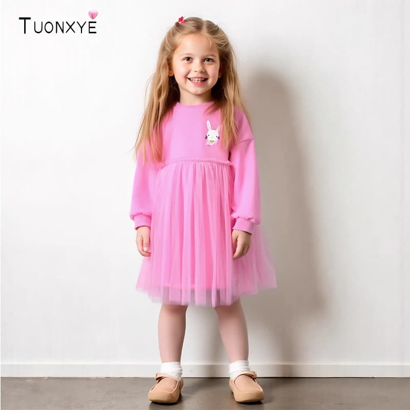 TUONXYE Girls Long Sleeve Dress Spring Autumn Girls Party Elegant Dresses Animal Rabbit Children Mesh Cotton Dresses for Kids
