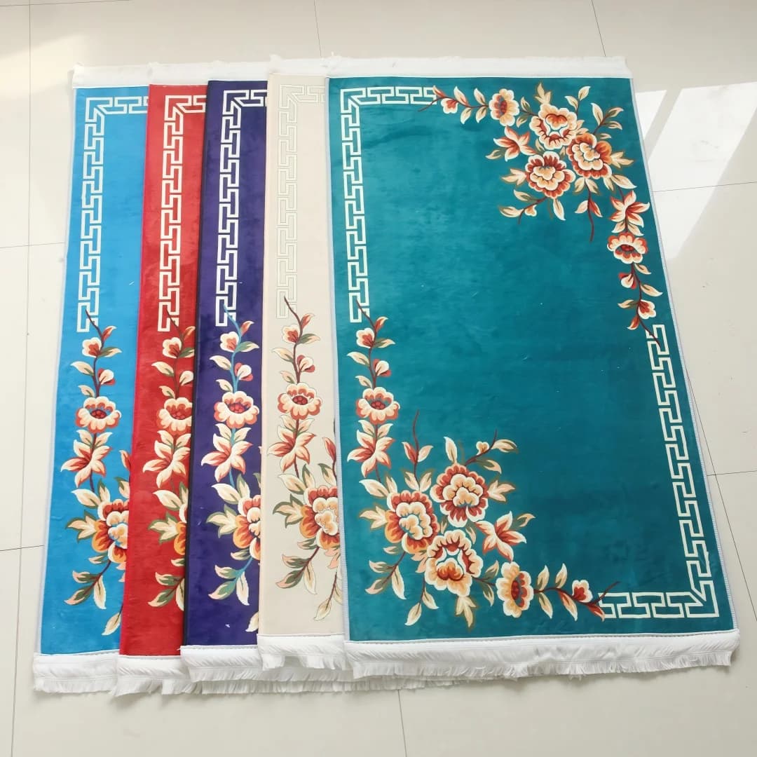 Symmetrical Floral Velvet Prayer Mat, Long Style with Delicate Velvet Surface, Foldable Indoor Meditation and Kneeling Cushion