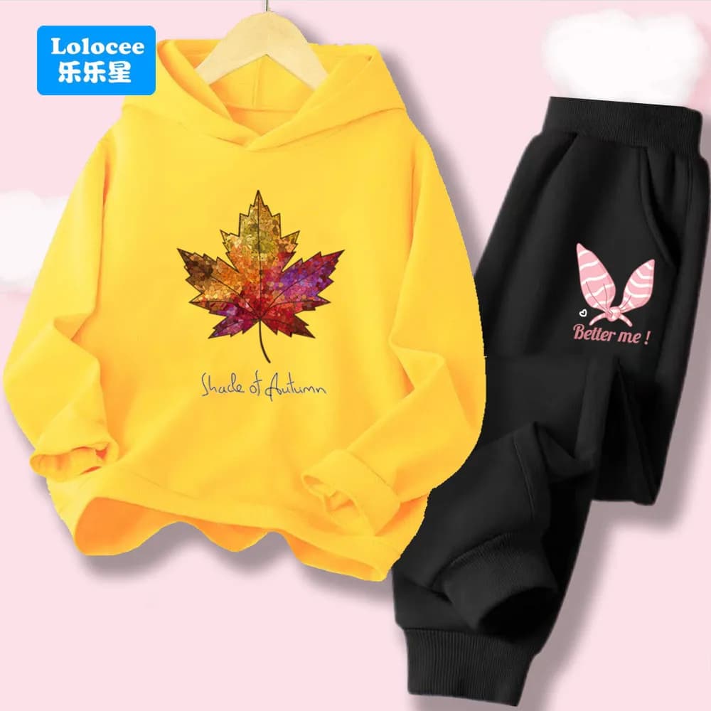 Felpa con cappuccio e pantaloni in foglia d'acero autunnale per bambini Set da 2 pezzi Lolocee Brand Sottile vestito casual per ragazze, abbigliamento primaverile autunnale per bambini FY1
