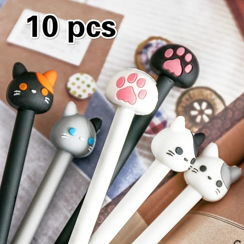 Set da 10 Penne Gel Kawaii a Forma di Zampa di Gatto, 0,5mm, Inchiostro Nero per Scrittura, Cancelleria per Ufficio e Scuola, Penne da Disegno, Colore Casuale