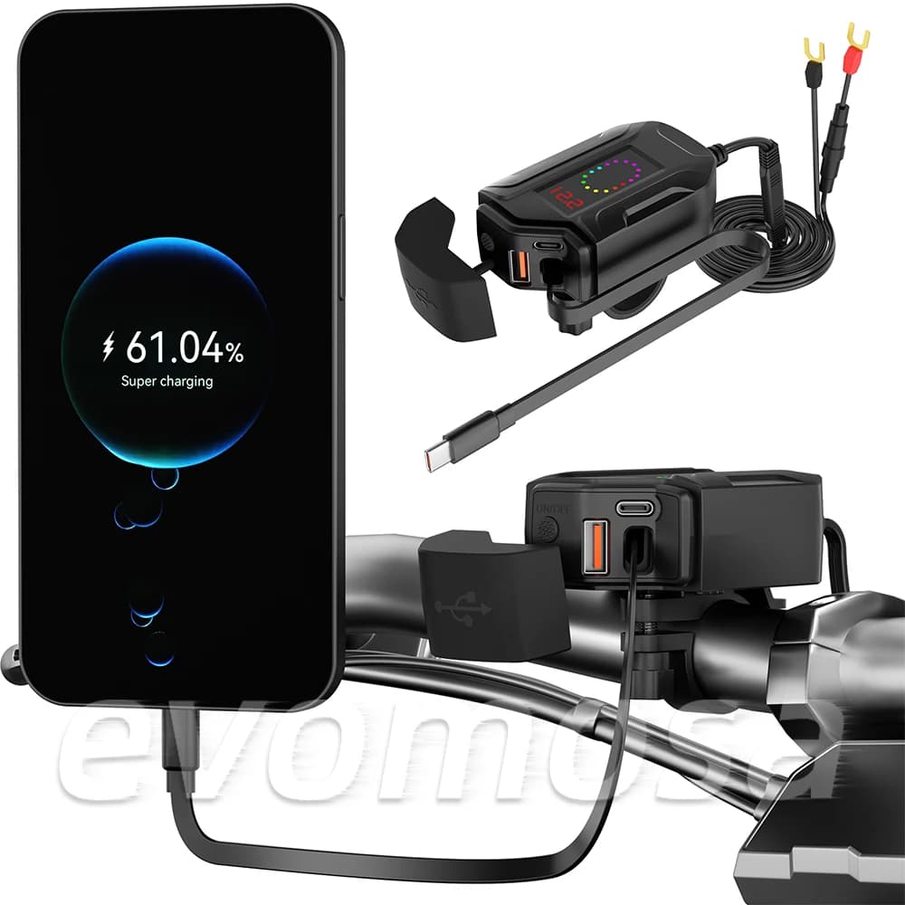 Nuovo Caricabatterie USB per Moto PD QC4.0 Super Veloce, Impermeabile con Cavo Type-C Retrattile, Voltmetro Digitale per Cellulare