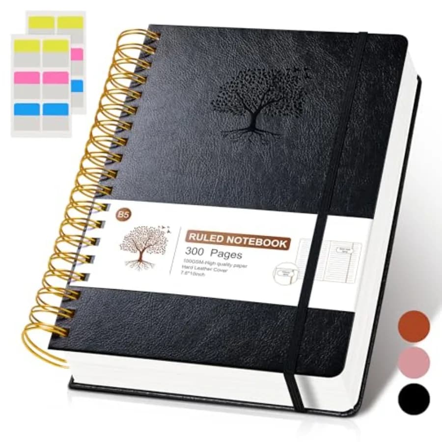 Lined Spiral Notebook Journal, 300 Pages Hardcover Leather Journals for Women Men, Large College Ruled Notebooks, 100 GSM Thick