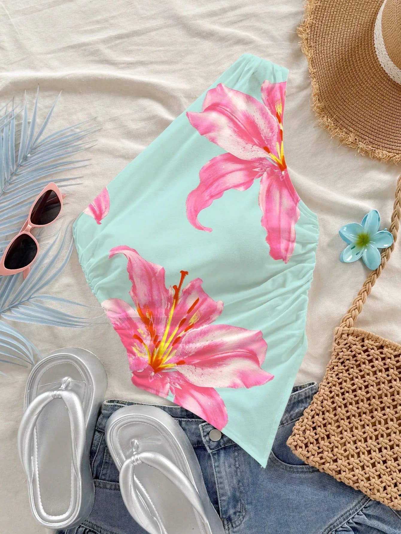Asymmetrical Ruffle Cami Top, Floral Print One-Shoulder Blouse for Women