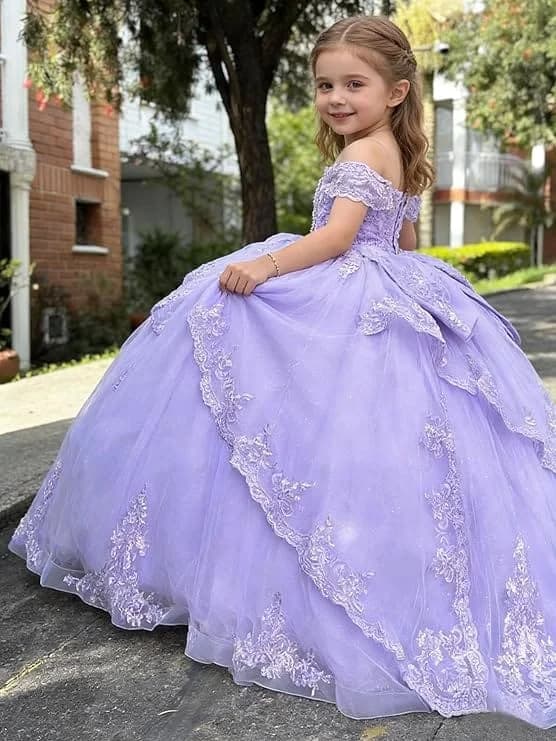 Abito da Damigella per Matrimonio e Compleanno, in Tulle Stratificato con Applicazioni in Pizzo e Fiocco, Bellissimo Vestito per Prima Comunione