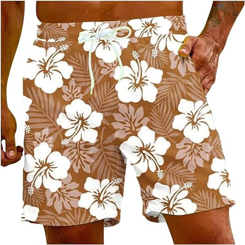 Summer casual quick drying swimsuit, red hibiscus flower 3D pattern shorts, men's swimming shorts, Hawaiian surfboard shorts