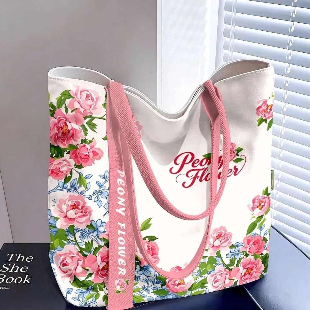 Fashion Floral Canvas Tote Bag Large Capacity Reusable Commute Handbag Lightweight Shopping Bag Daily Commute