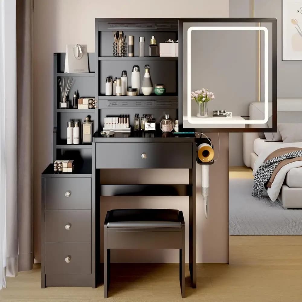 29.2 Scrivania compatta per trucco con specchio scorrevole, luci, vano portaoggetti e supporto per asciugacapelli, nera