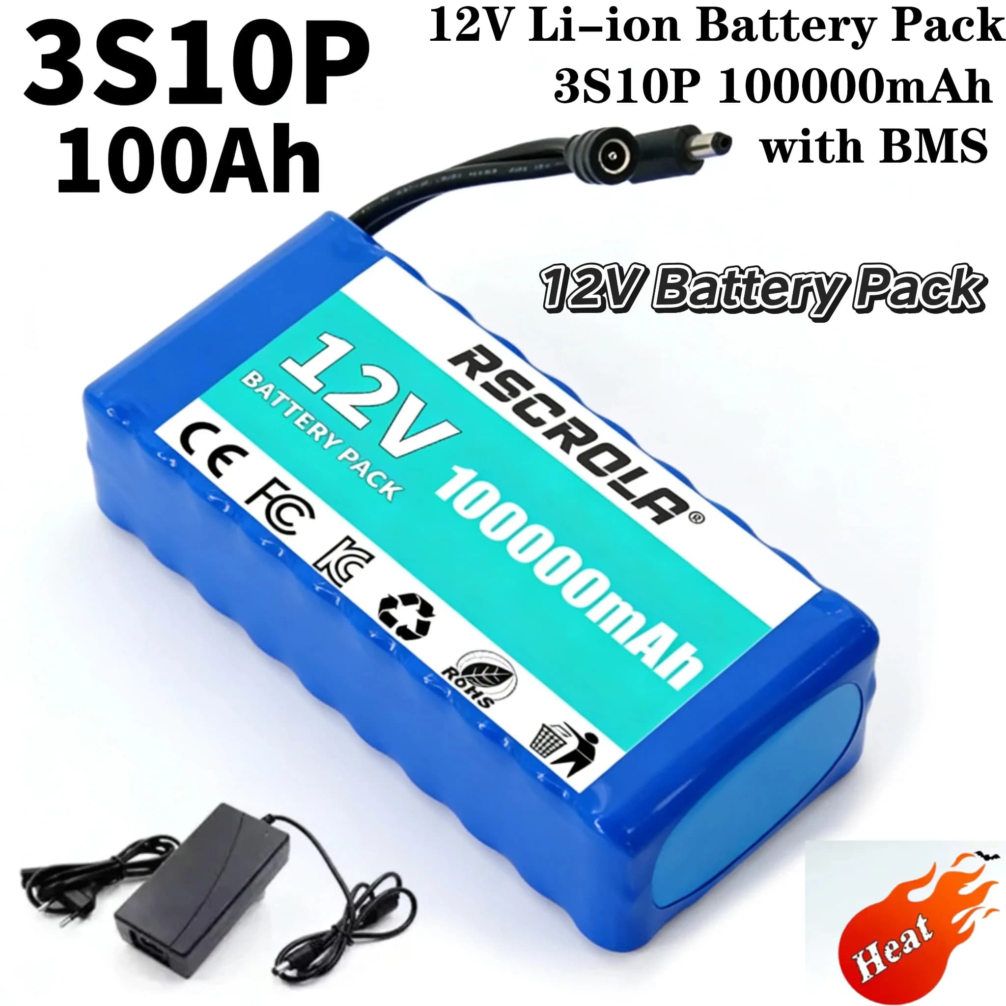 Batteria al litio ricaricabile 12V 100Ah 18650 3S10P con BMS intelligente integrato 12.6V per energia solare, luce LED, modellismo RC, alimentazione