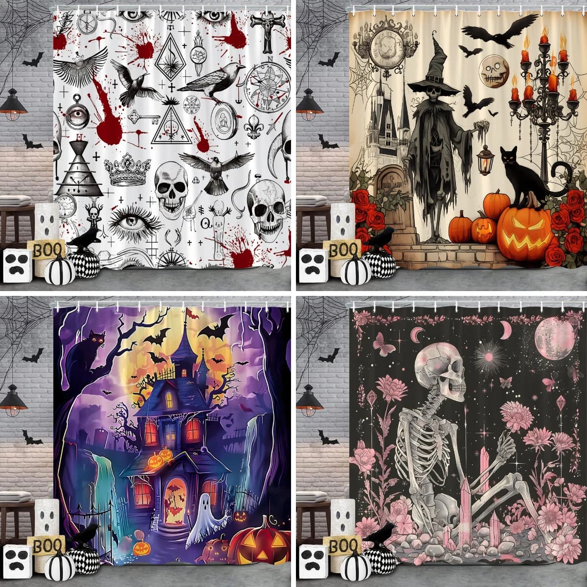 Spaventoso Halloween Tenda da doccia Teschi vintage Aquili Zucche Rose Boho Tessuto in poliestere Tenda da bagno Arredamento bagno con Hoo