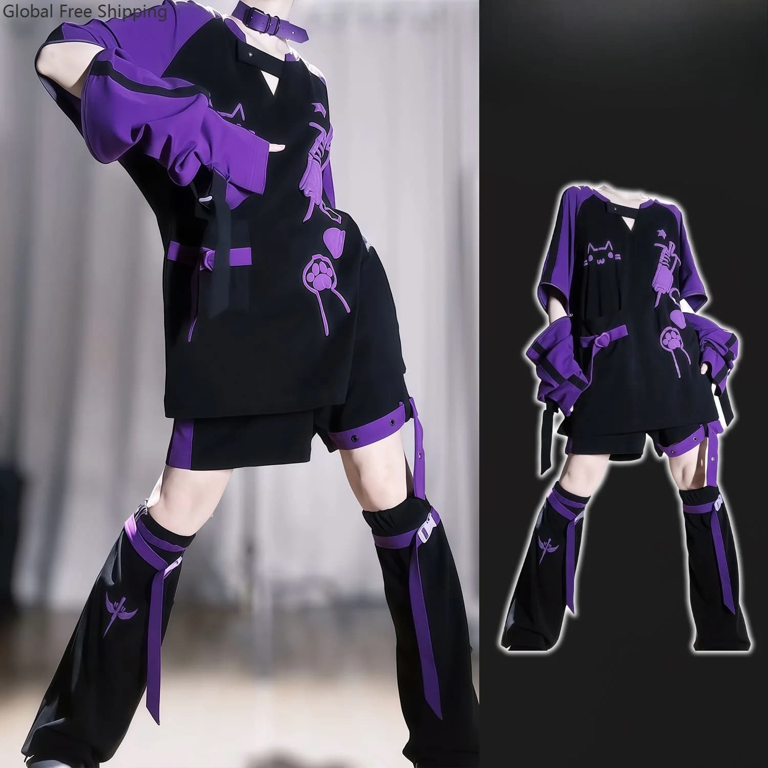 Gothic Casual Wear Theme Party Outfits Japanese-style Cool Y2k Cosplay Delinquent Girl Detachable T-shirt Shorts Leg Covers Set