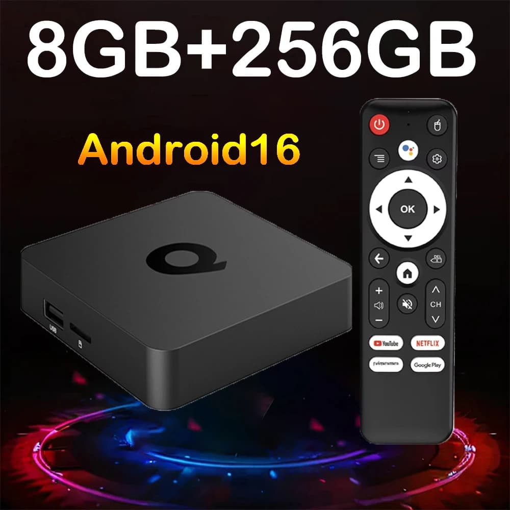 Box TV Smart Q1 8K Android 16, Lettore Multimediale con Assistente Google, Dual Wifi 5G, Bluetooth 6.0, Telecomando Vocale, 4K, 8GB Ram, 256GB, Set-Top Box