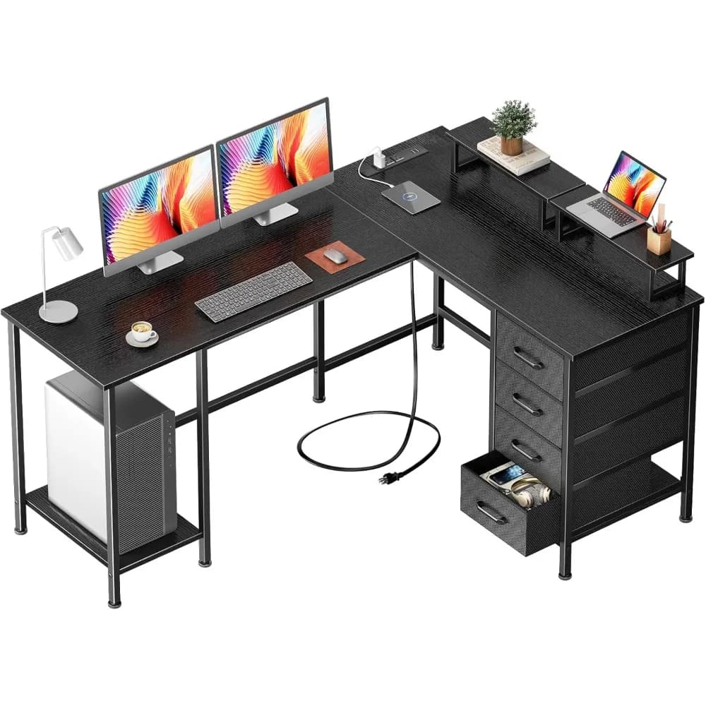Scrivania a L da 59 pollici con prese di corrente, 4 cassetti regolabili e 2 supporti per monitor, personalizzabile