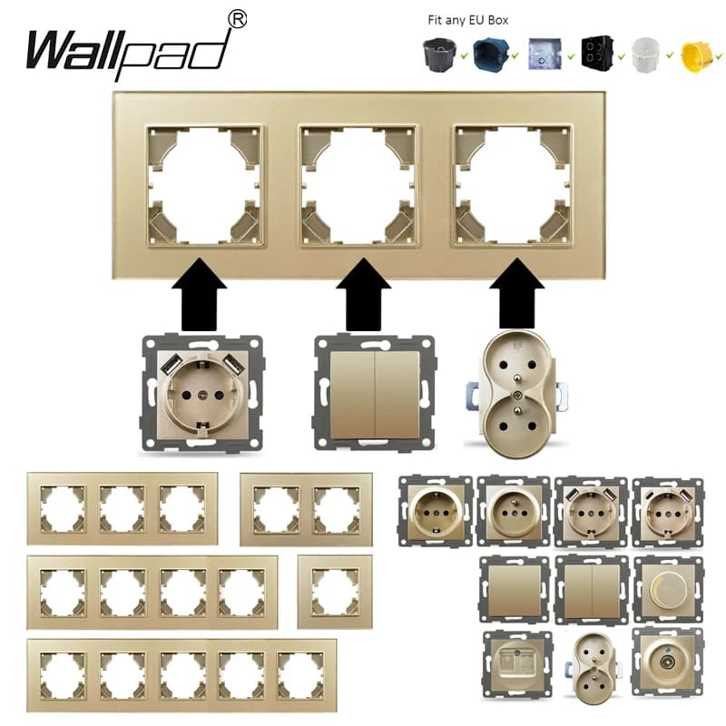 EU Glass Russia Multi Plug Socket Gold con USB C + A Double French 1 2 Gang 2 3 Pass Cross Switch TV Cat6 RJ45 fai da te