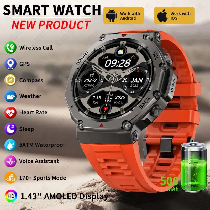 LIGE T-Rex 3 Ultra Smart Watch Display AMOLED 5ATM GPS integrato impermeabile Bussola GNSS dual-band Smartwatch robusto militare