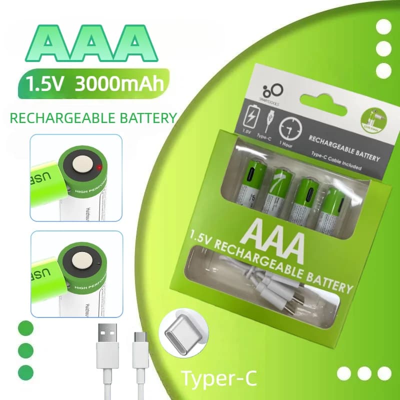 USB AAA Rechargeable Batteries 1.5V 3000mAh li-ion battery for remote control mouseElectric toy battery + Type-C Cable