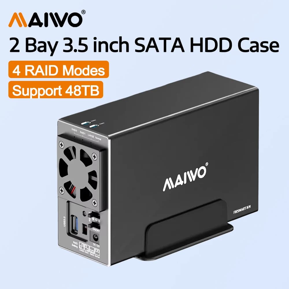 Docking Station MAIWO per HDD SATA da 2.5/3.5 Pollici, Case Esterno per Disco Rigido a 2 Bay con USB 3.0, 4 Modalità RAID, Supporta Capacità fino a 48TB