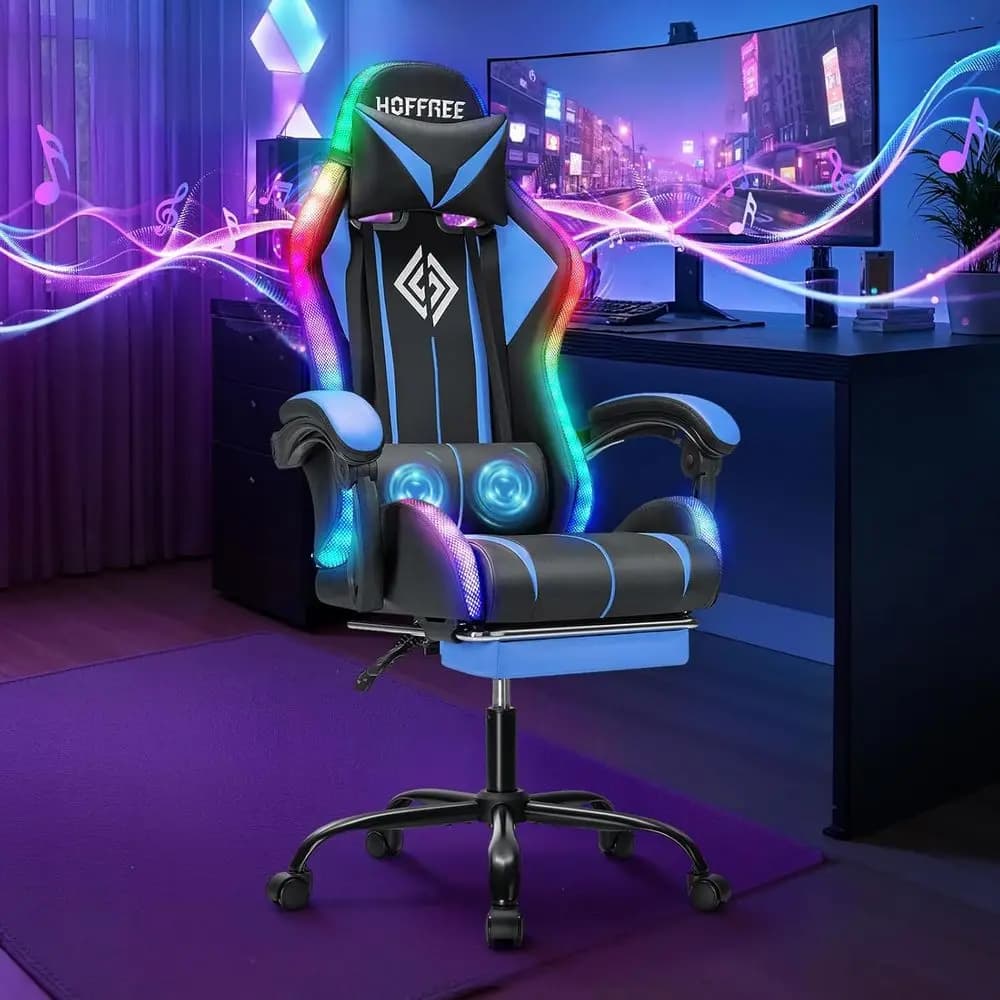 Sedia da Gaming con Schienale Alto, LED, Altoparlanti, Massaggio e Poggiapiedi per Adulti - Blu e Nero