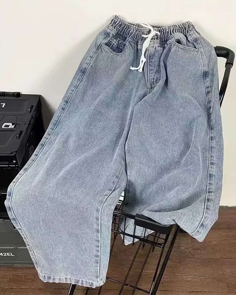 2025 new casual trousers wide korean version men's wide leg trousers straight fashionable with black light blue elastic band jeans