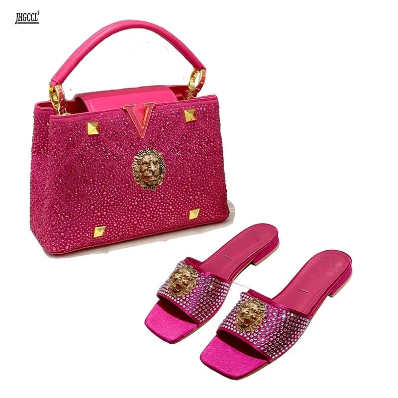 Women's high-end Slippers with Red Rose Diamonds Fresh Slippers with Fish Mouth Rear Cable Lion Slippers with Rhinestones Set of B9 Chain Bags