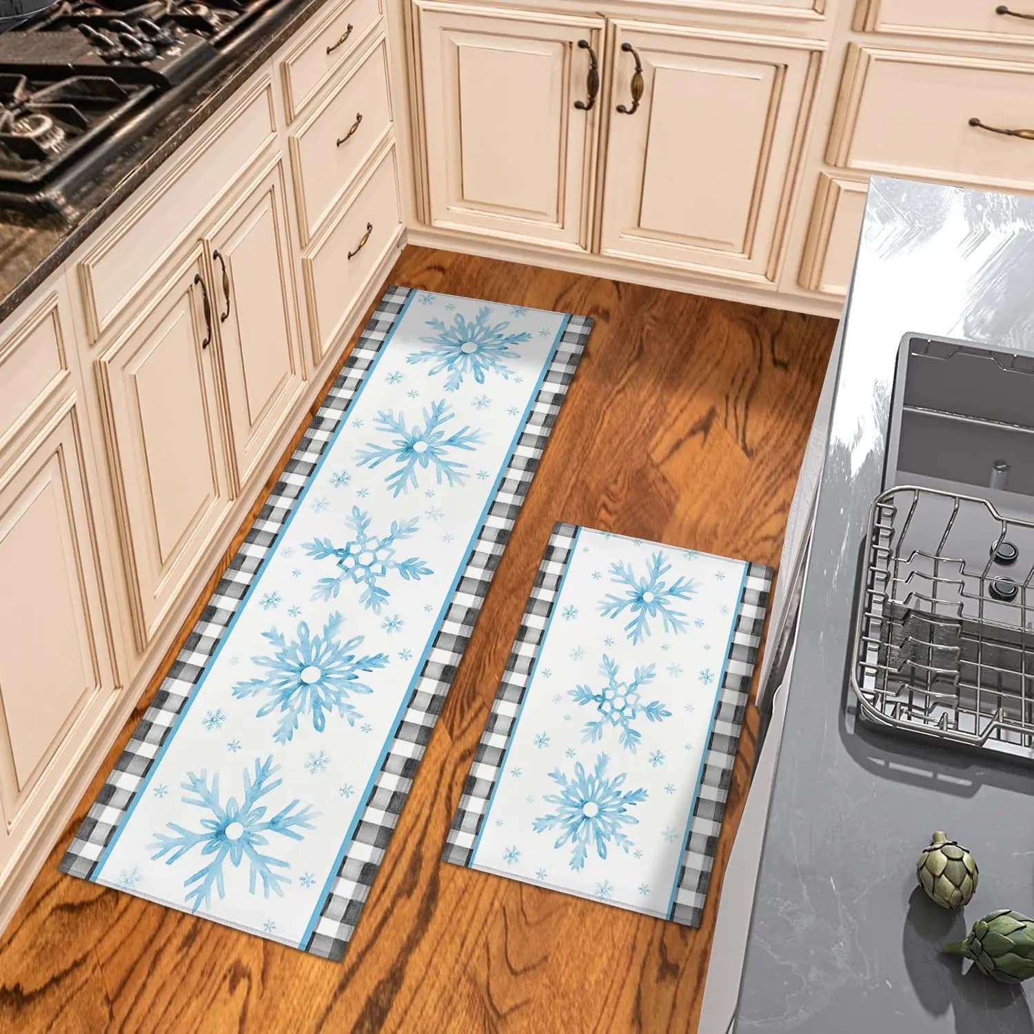 Christmas Snowflake Black Blue Checkered Kitchen Mat Decor Non-Slip Corridor Balcony Rugs Bedroom Bedside Floor Mat Xmas Decor