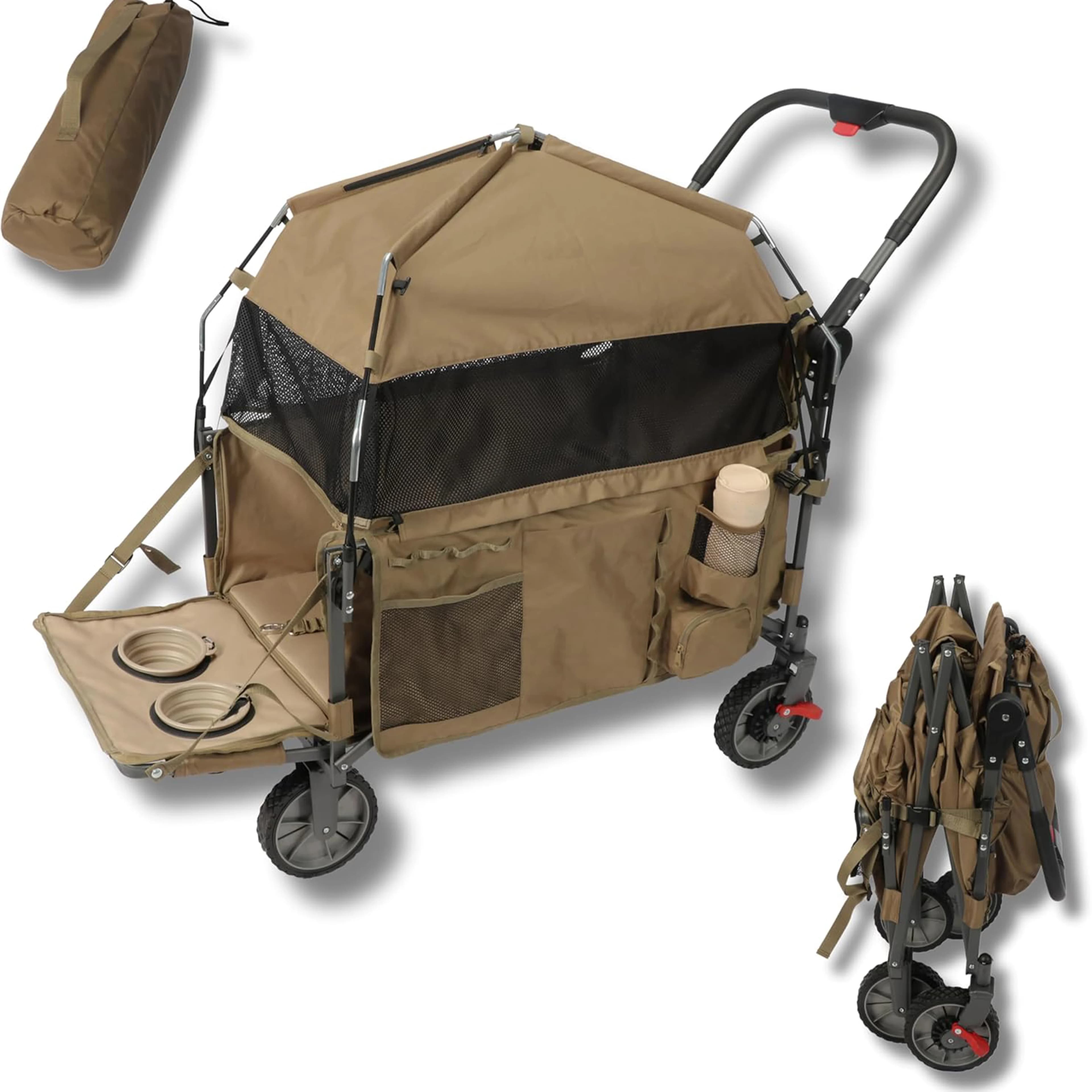 Carrello per vagone per cani da compagnia con cerniera alla moda di lusso in alluminio portatile in tessuto Oxford marrone con 4 ruote per passeggino per cani