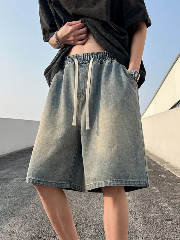 Retro American Distressed Denim Shorts for Men Loose Straight Cut Five Minutes Casual Summer Thin Cotton Polyester Blend