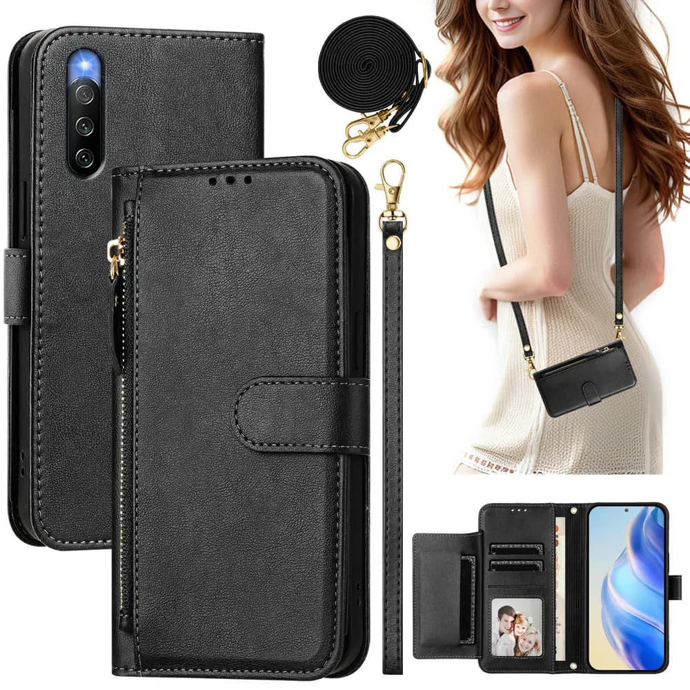 Custodia a Portafoglio in Pelle con Cerniera e Tracolla per Sony Xperia 1 10 VII 5G, Custodia a Portafoglio per Xperia 5 VI 10 IV 5V 1VI 10VII 1 VII 5IV