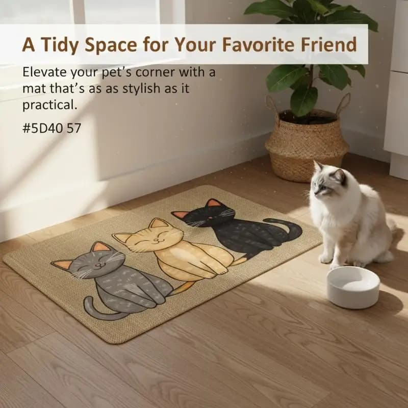 Non Slip Waterproof Cat Feeding Mat Cute Cartoon Cat Pattern Linen Texture Pet Food Bowl Area Protect Home Floors