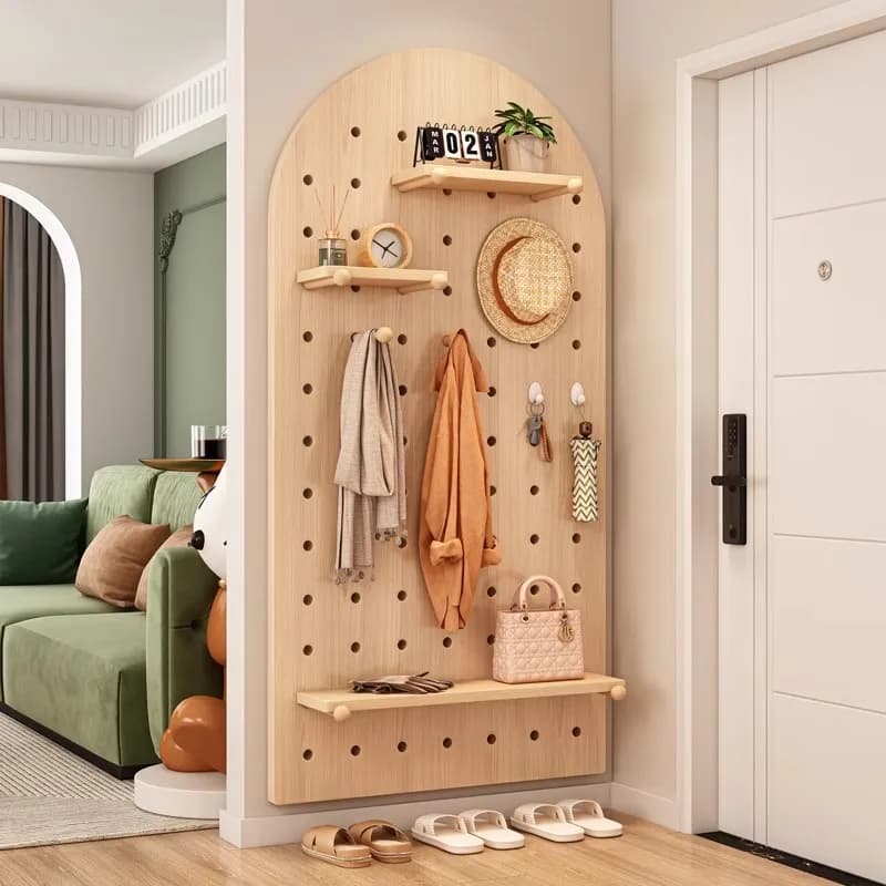 Organizer per pannelli forati in legno massello, ripiano per ingresso personalizzabile con ganci, arredamento moderno per la casa, per riporre cappotti e chiavi | Risparmio di spazio