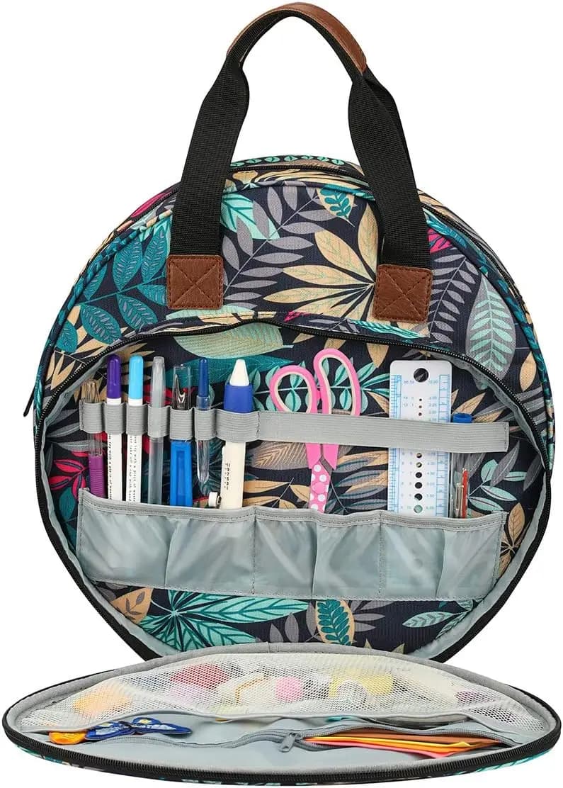 Borsa per progetti di ricamo con design a foglia blu, portaoggetti multifunzionale per uncinetti e accessori da cucito