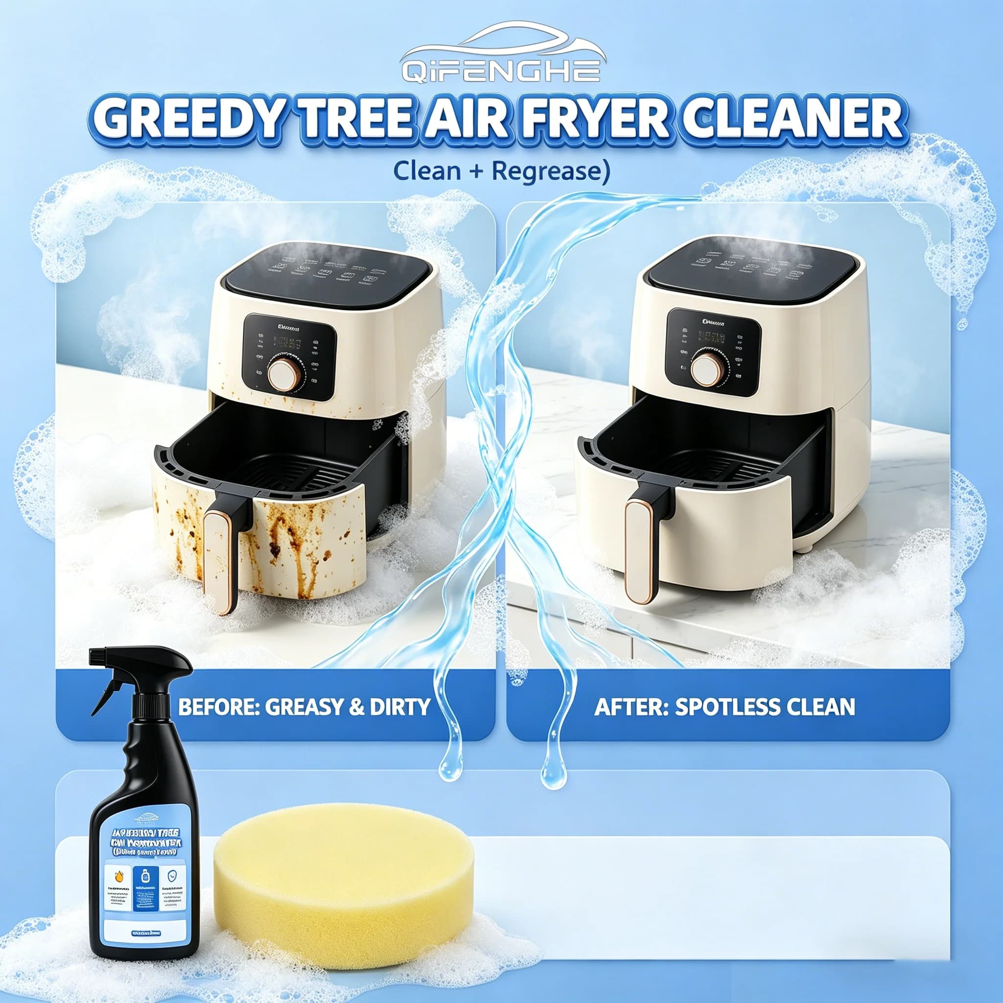 Spray detergente per friggitrice ad aria da 110 ml 2-in-1: pulisce e rimuove il grasso incrostato, la sporco e i residui alimentari. Sicuro per le superfici antiaderenti delle cucine.