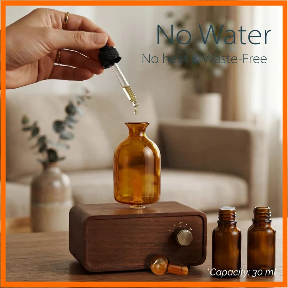 Essential Oil Diffuser Aroma Diffuser Scent Machine Waterless Operated Rechargeable Wood and Glass Aromatherapy Diffuser