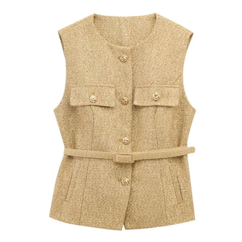 2025 Autunno Donna Nuovo Elegante Gilet con cintura impreziosita da paillettes Giacca senza maniche strutturata Elegante gilet casual quotidiano Top