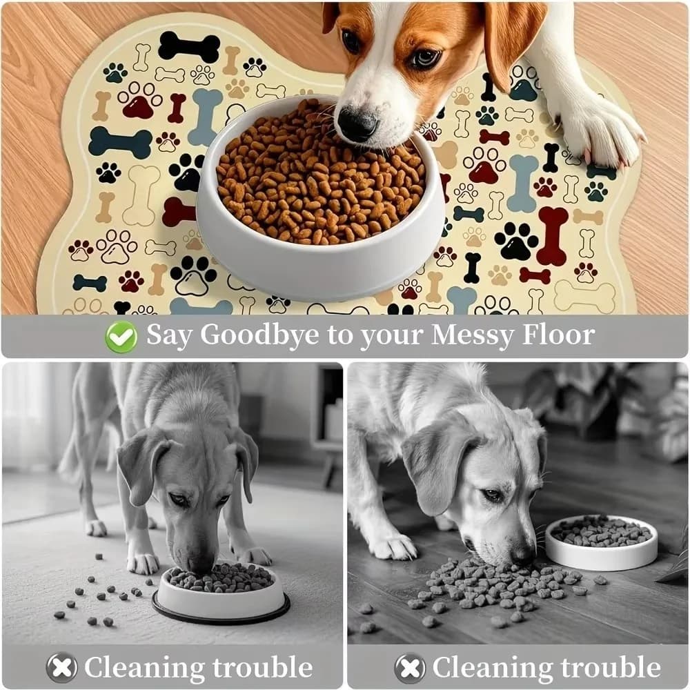 Easy-to-Clean Geometric Fishbone Paw Print Dog Feeding Mat Non-Slip Placemat Water Bowl Pad Quick-Dry Pet Food Mat Pet Feeding