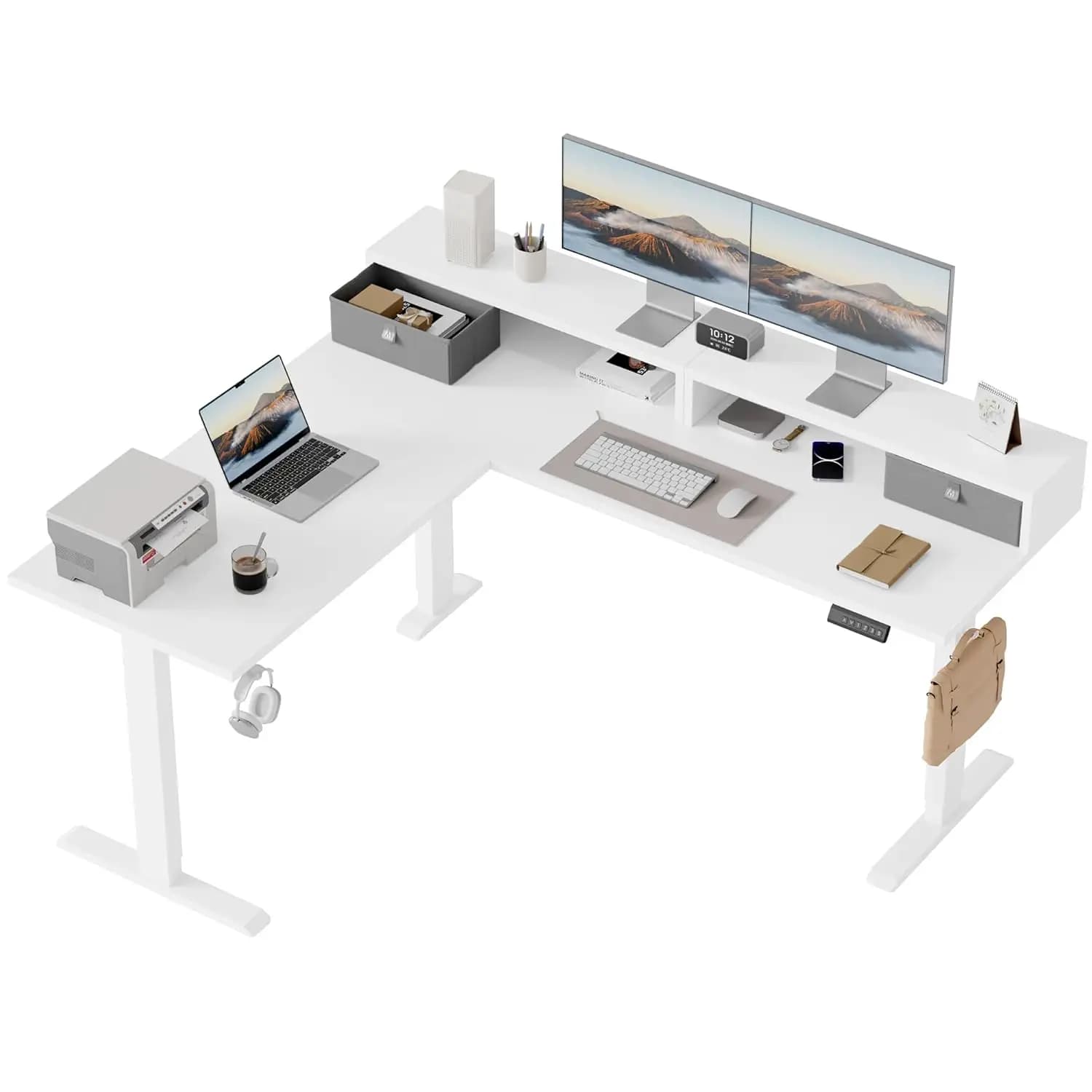 Scrivania a L grande da 63 x 55 pollici con supporto per monitor e 2 cassetti, scrivania per computer regolabile elettricamente, ad angolo, personalizzabile