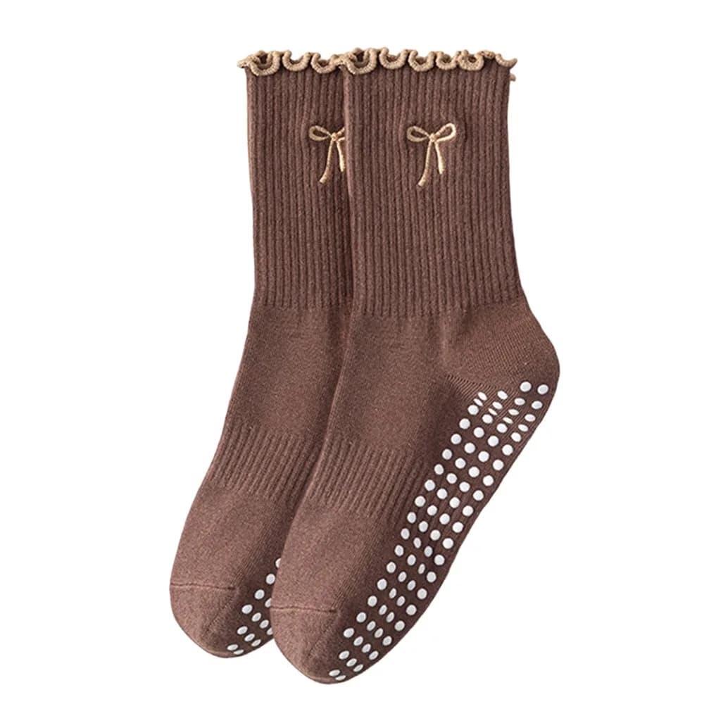 Trendy Non-Slip Grip Pilates Socks Cotton High-elastic Yoga Socks Sweat-absorbent Bow Embroidery Mid Tube Socks for Women