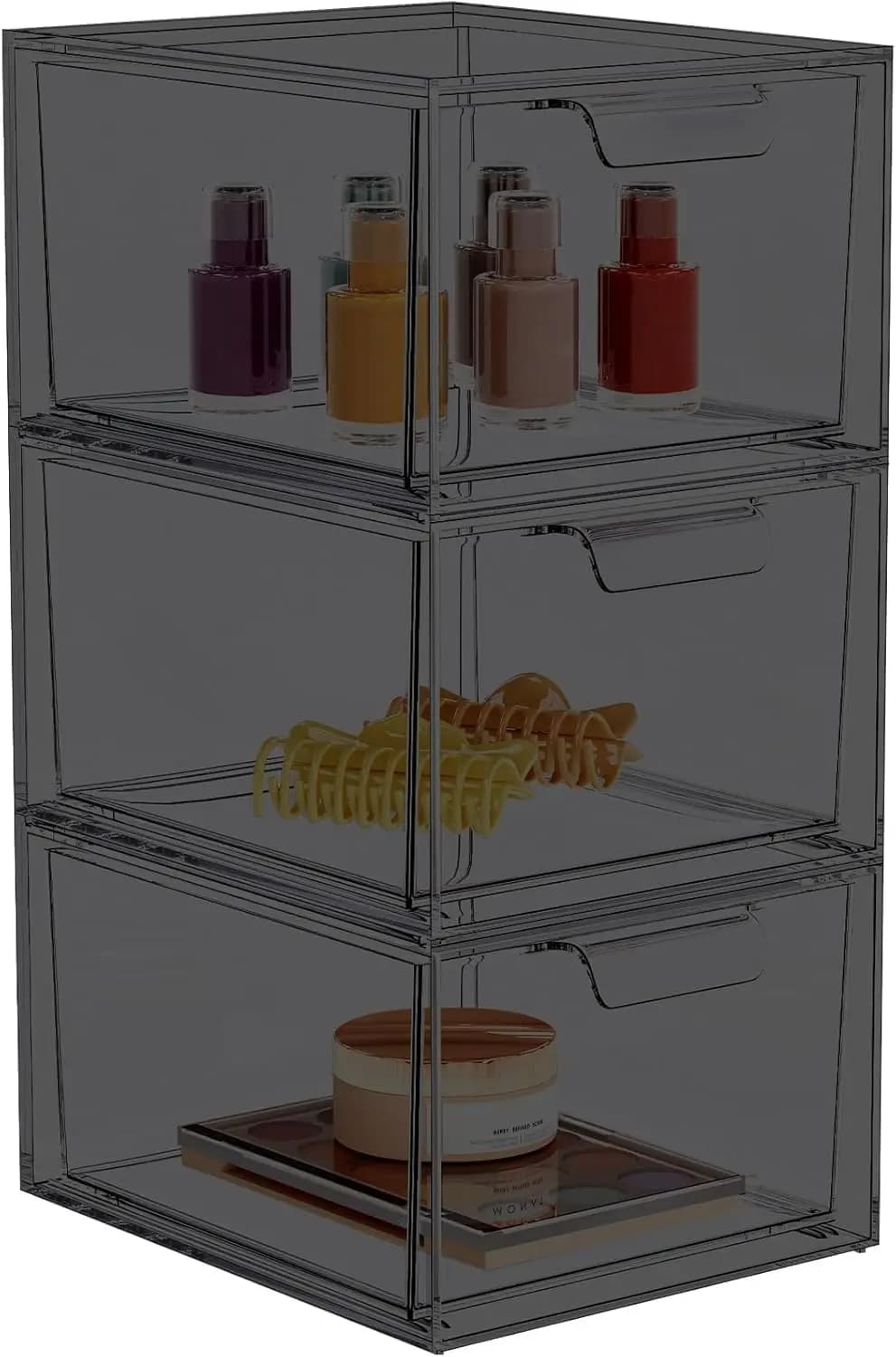 Set di 3 Organizzatori per Trucchi Impilabili, Cassetti in Acrilico Trasparente con Maniglie Estraibili per Toeletta, Cucina, Bagno
