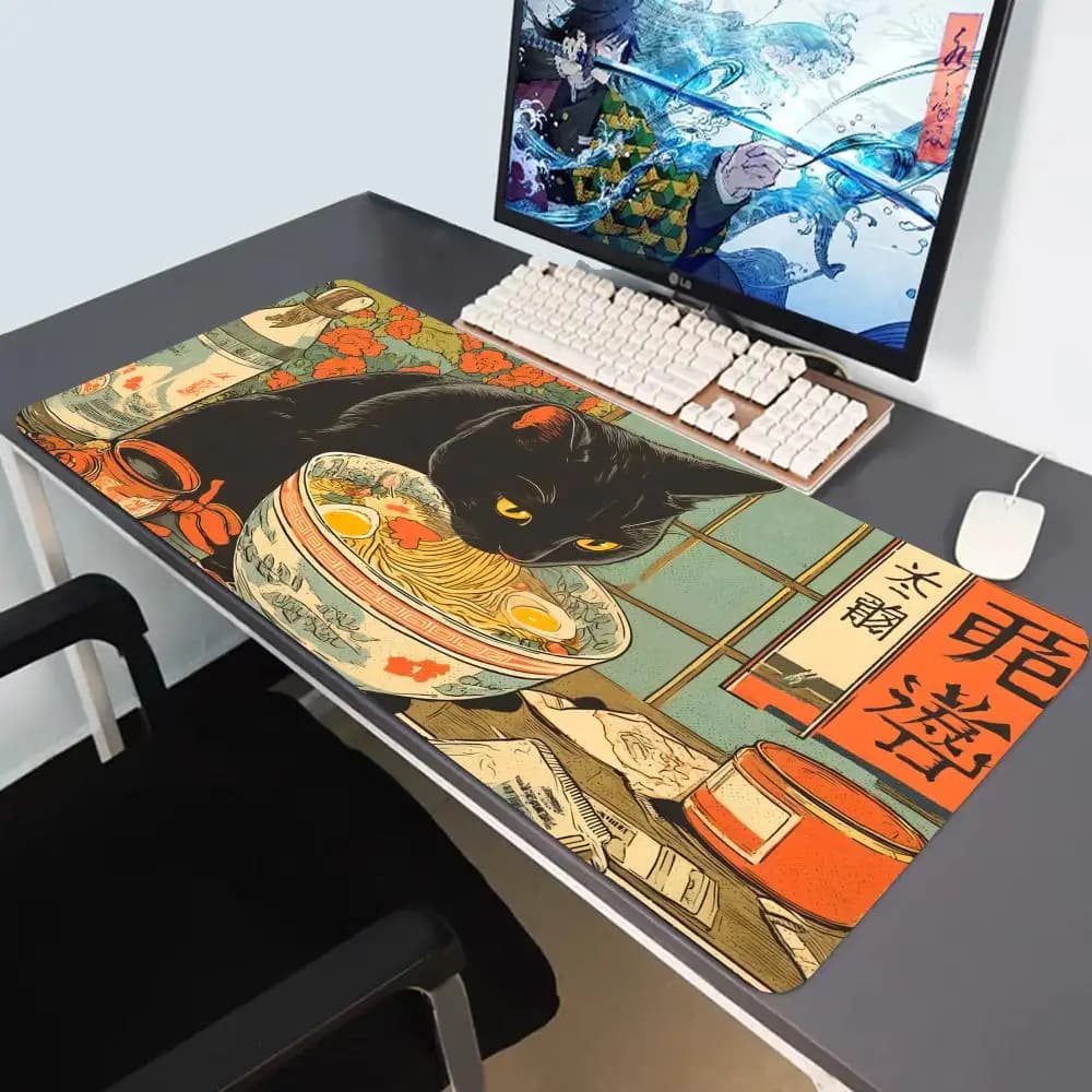 Il gatto nero ama mangiare ramen, tappetino per mouse da negozio, pop art di Tokyo, grande tappetino per mouse da gioco, tappetini per mouse in gomma antiscivolo, accessori per computer