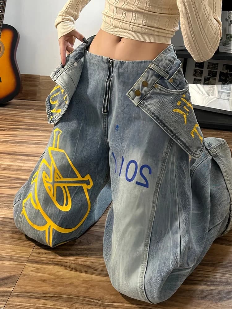 American High Street Design Color Blo Letter Stampa Jeans a gamba larga Pantaloni in due pezzi finti con patchwork unico da donna