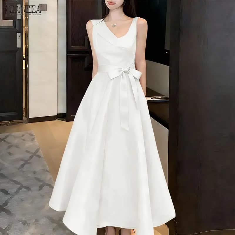 ZANZEA Elegant silk satin women's party dress with asymmetrical design, sleeveless, with belt, wide fit and A line, long dresses Robe Femme