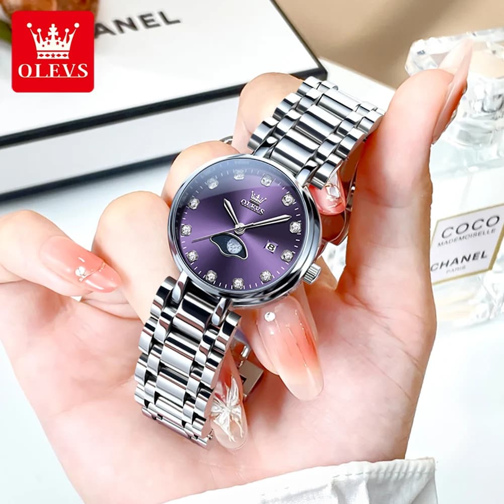 OLEVS Quartz watch with dial with stylish purple rhinestones for women watch original light waterproof women's watches