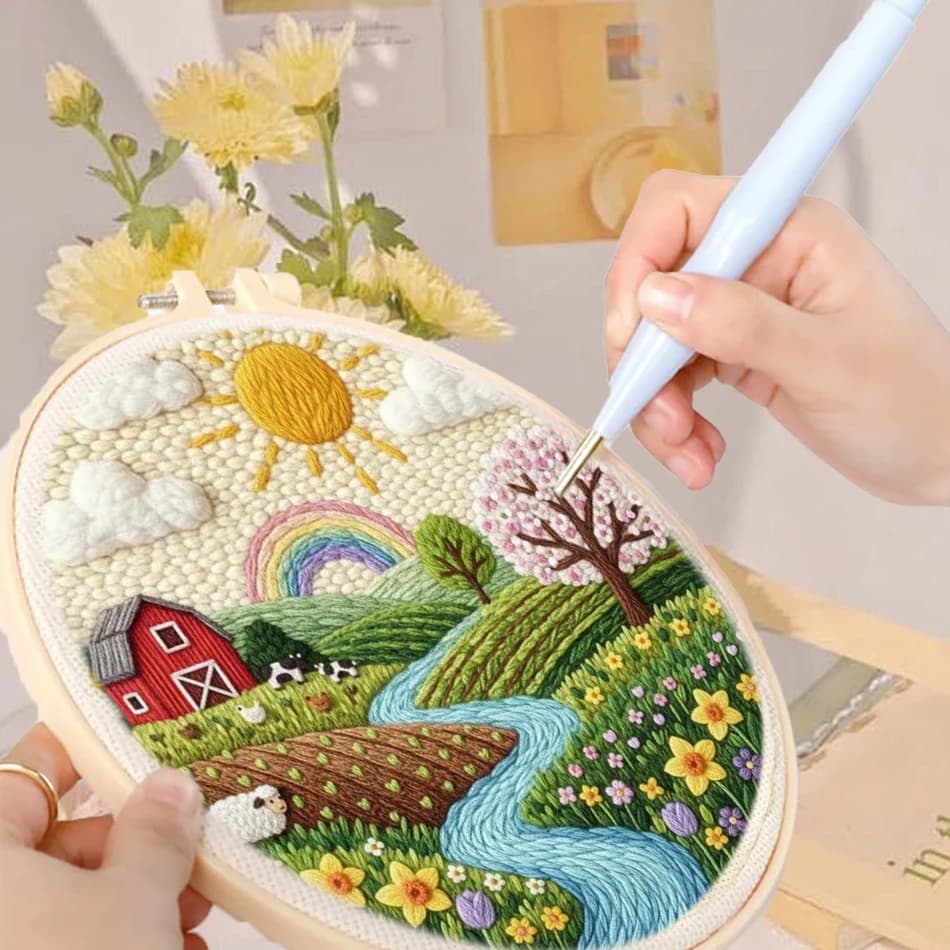 Kit per ricamo punch needle 20x20cm con paesaggio, kit fai da te per adulti, kit per ricamo punch needle, regalo artigianale rilassante per decorazioni per la casa