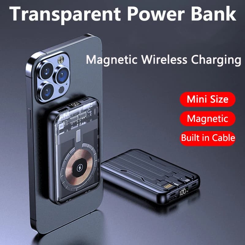 Batteria esterna portatile wireless magnetica trasparente da 20000 mAh per Powerbank Magsafe per iPhone 16 X Samsung Xiaomi