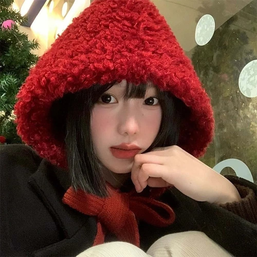 Cappello Rosso Peloso per Capodanno, Berretto Invernale in Tinta Unita, Cappello in Peluche Antifreddo, Cappello in Lana d'Agnello per l'Autunno