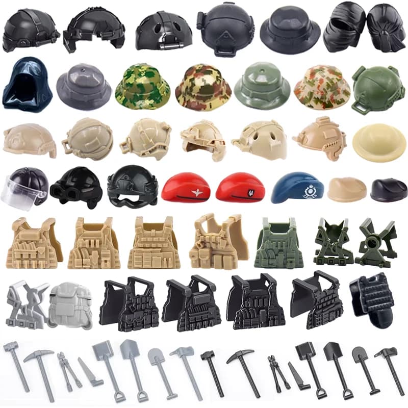 Blocchi di costruzione militari moderni Soldati dell'esercito Caschi Stampati Cappello Boonie Zaino Armatura Gilet Accessori Mini giocattoli in mattoni Regalo per bambini