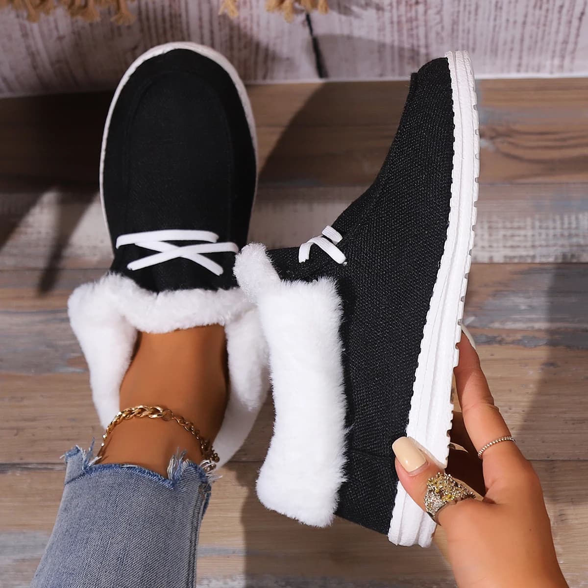 Stivali da donna di tendenza Scarpe sportive con punta tonda solida Stivaletti invernali in peluche caldi Mocassini bassi Scarpe casual in cotone da donna da donna