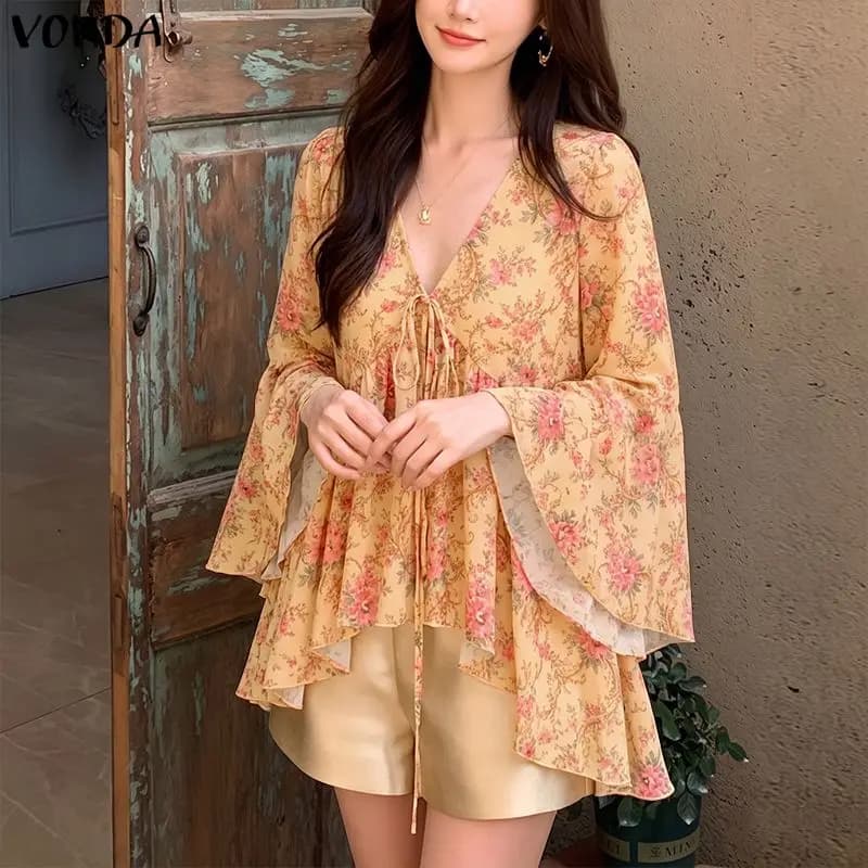 VONDA Summer Autumn Women Blouse Flare Long Sleeve Floral Print Blusas V Neck Ruffle Tunic Top Elegant OL Streetwear Oversize