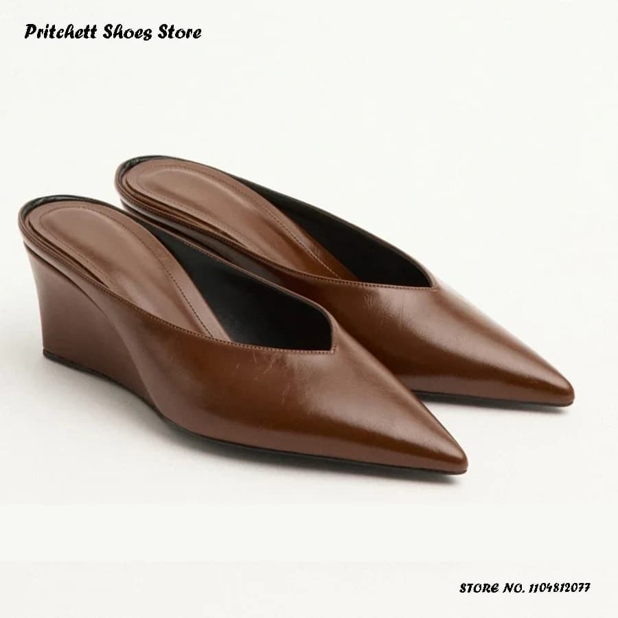Ciabatte in pelle con zeppa concisa da donna Primavera Estate Pull On Tacchi alti casual Office Laides Pantofole moderne alla moda con punta a punta