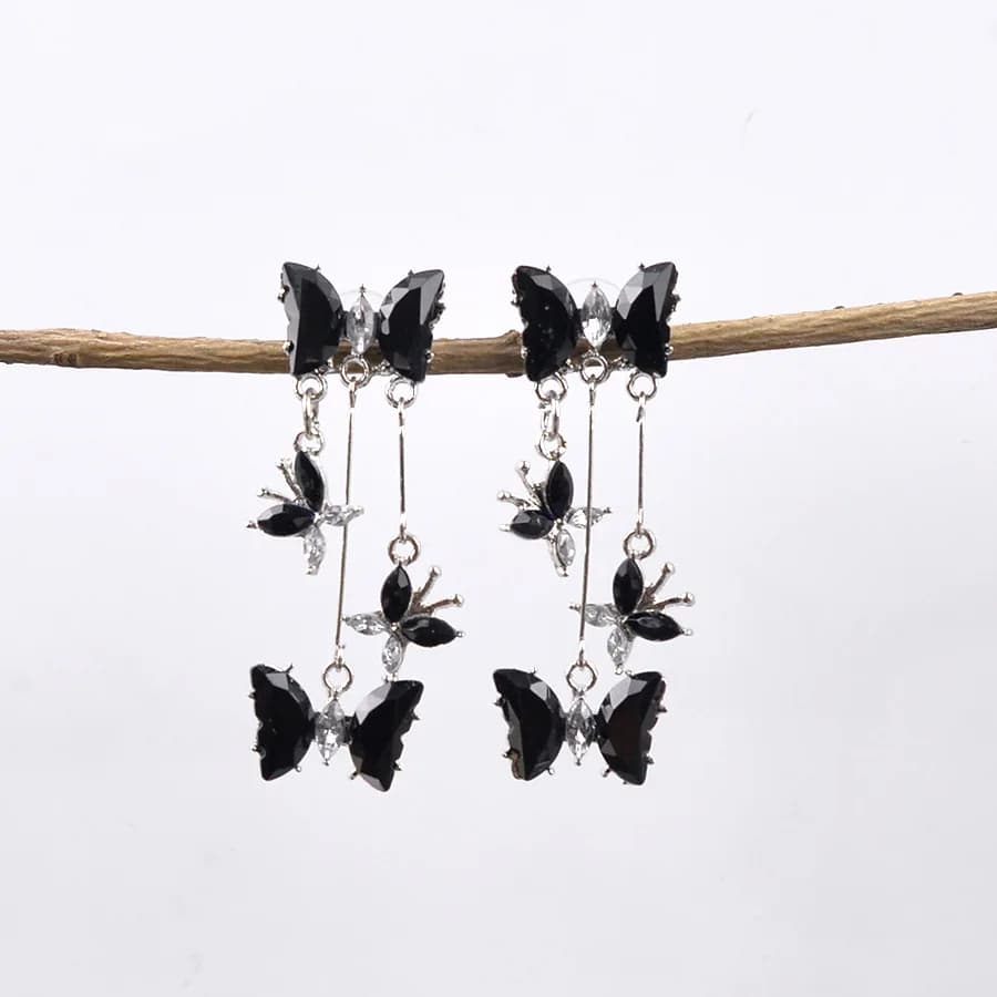 Long Dangle Drop Earrings Multi-Layer Black Zircon Butterfly Tassel Silver Plated Cool Dark Y2K Elegant Daily Party Reusable Earrings For Women